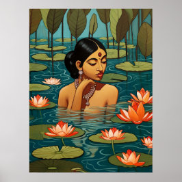 Indische Frau in einem Teich umgeben von Lotus-Blu Poster