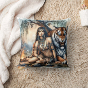 Indische Frau mit Tiger bei Twilight Kissen