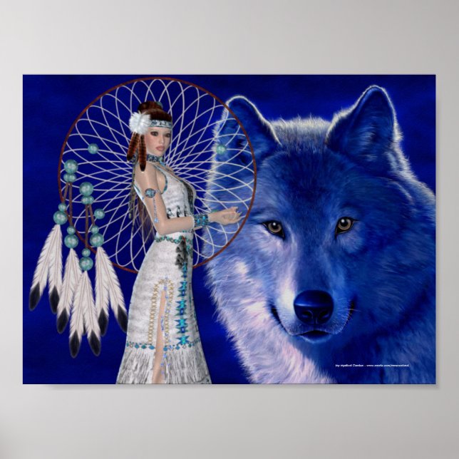 Indische Frau und Blue Wolf Poster Print (Vorne)