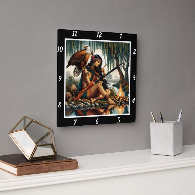 Indische Geheimnisse: Eagle's Glance Moon's Glow Quadratische Wanduhr (Büro)