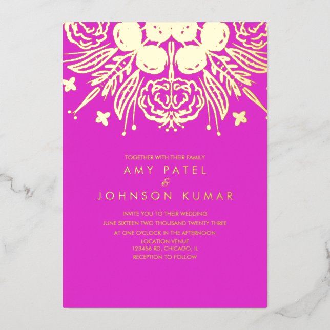 Indische Händlerverheiratung gepresst Folieneinladung (Vorderseite)