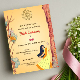 Indische Hindu-Braut Haldi-Zeremonie Schmetterling Einladung