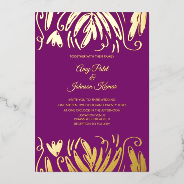 Indische Hindu Gezeichnet Wirbel Blumenzehen gepre Folieneinladung (Vorderseite)