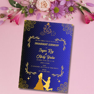 Indische Hindu Verlobungszeremonie Blau & Gold Einladung