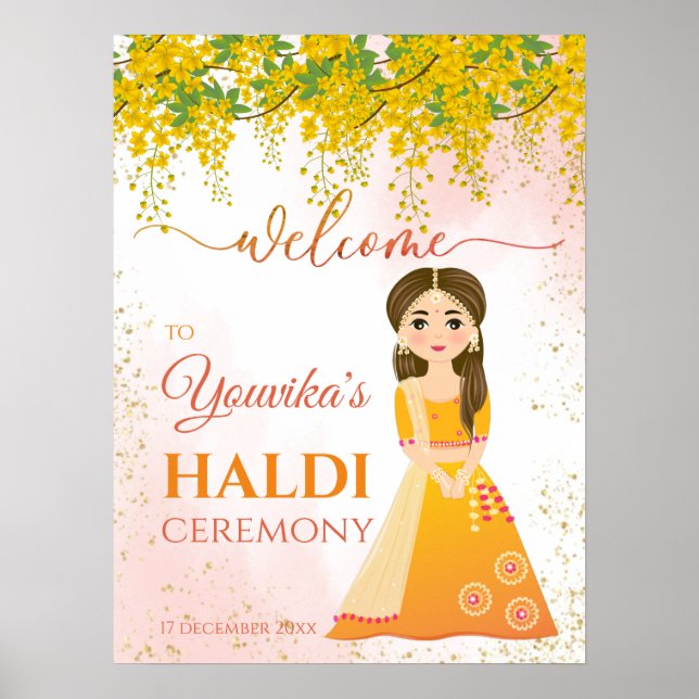Indische Hochzeit Haldi gelbe hängende Blume Poster (Vorne)