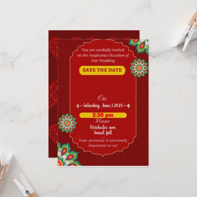 Indische Hochzeit in Rot, Save the Date Einladung (Vorderseite/Rückseite Beispiel)