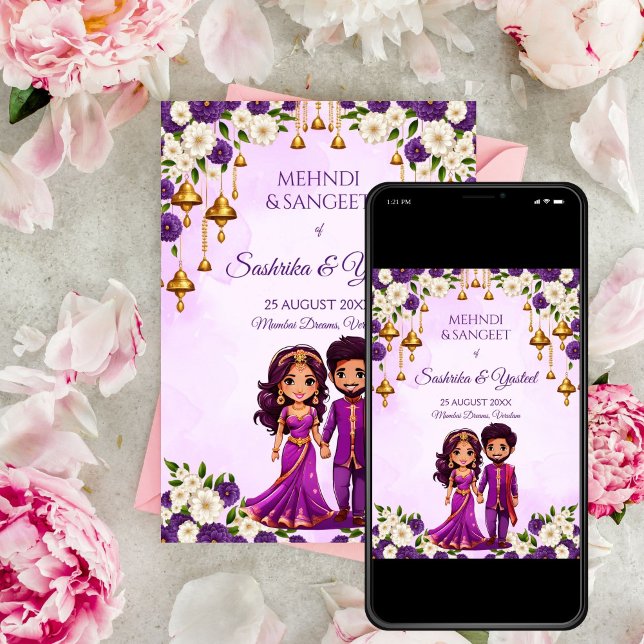 Indische Hochzeit Mehndi lila niedliches Brautpaar Einladung (Indian wedding Mehndi Sangeet purple  gold bells cute bridal couple cartoon Invitation template)