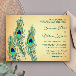 Indische Hochzeit mit Vintage-Grün-Pfauenfedern Einladung