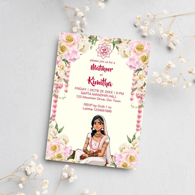 Indische Hochzeit niedlicher Braut in Elfenbeinros Einladung (Matikoor Haldi Mehndi Indian wedding cute bride in ivory pink Invitation template digital download)
