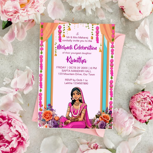 Indische Hochzeit niedlicher Braut in Rosa Einladung (Mehndi Indian wedding template invitation instant download cute Indian bride dressed in pink cartoon)