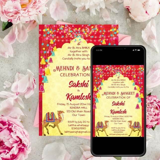 Indische Hochzeit Rajasthani Kamele Vorlage (Mehndi Sangeet Indian wedding Rajasthani camels editable template invitation digital download)