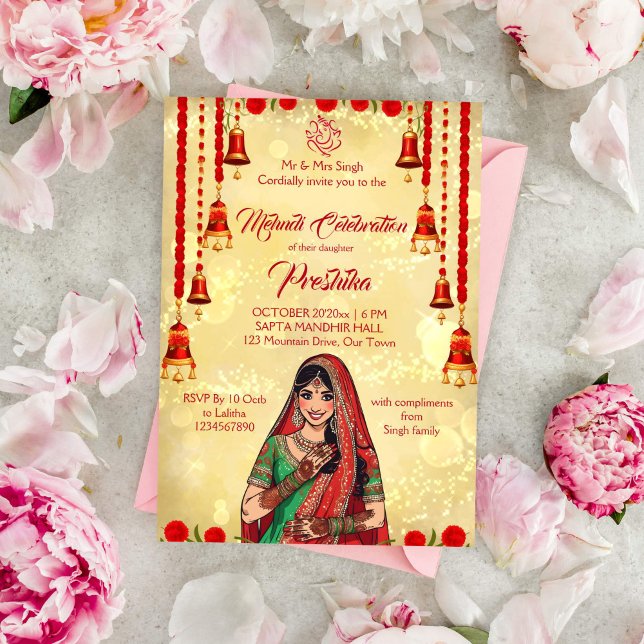 Indische Hochzeit Rot und Gold Einladung (Mehndi Indian wedding template invitation gold and red carnation bell garlands Indian bride cartoon)