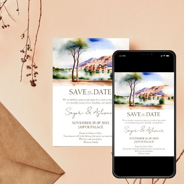 Indische Hochzeit speichern das Datum Jaipur Palas Einladung (Indian wedding save the date editable template invitation digital download Jaipur palace scenery)