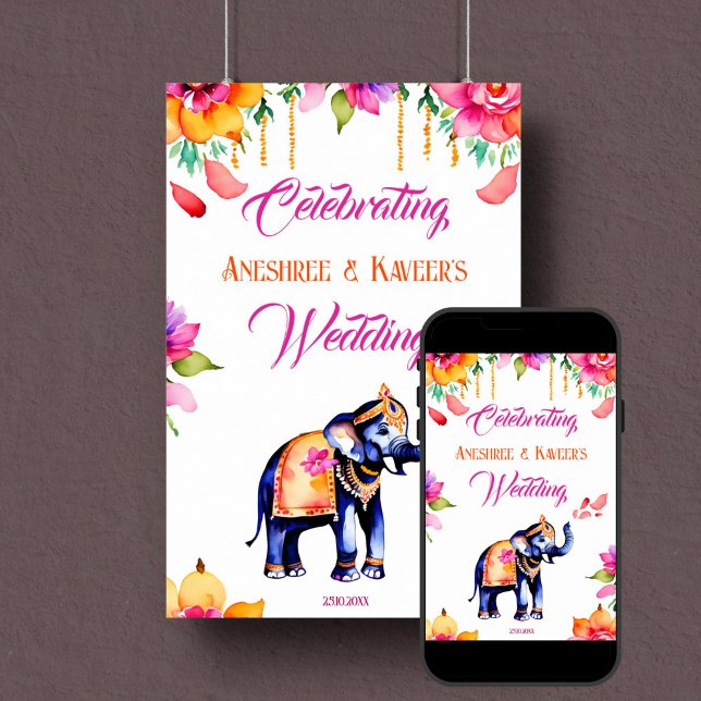 Indische Hochzeit verzierter Elefant Begrüßungszei Poster (Indian wedding elephant welcome sign poster instant download cerise flowers ornate elephant)