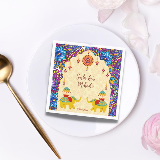 Indische Hochzeitelefanten-Blaumuster personalisie Serviette (Indian wedding personalized napkins whimsical playful wedding elephants arch border oriental pattern)