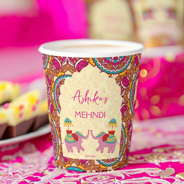 Indische Hochzeitelefanten personalisierten Mehndi Pappbecher (Indian wedding mehndi cute elephants personalized name paper cups customized mehndi table decor)