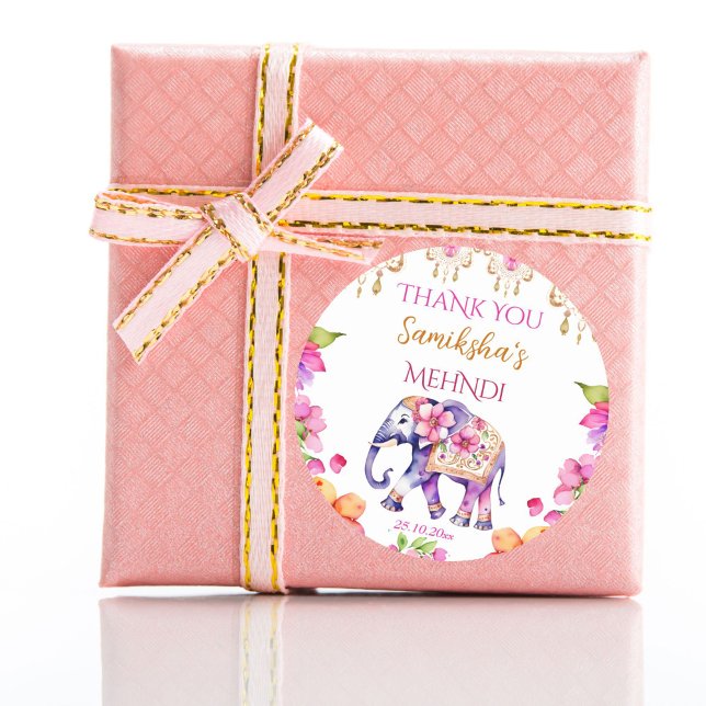 Indische Hochzeitelefantenpink-Blume bevorzugen Runder Aufkleber (Mehndi Indian wedding cute elephant favor gift thank you stickers modern watercolor pink and gold)