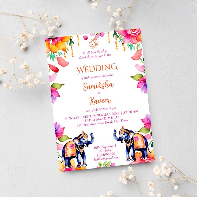 Indische Hochzeitelefantenvorlage für Blume Einladung (Indian wedding ornate elephants template invitation digital download cerise modern watercolor pretty)