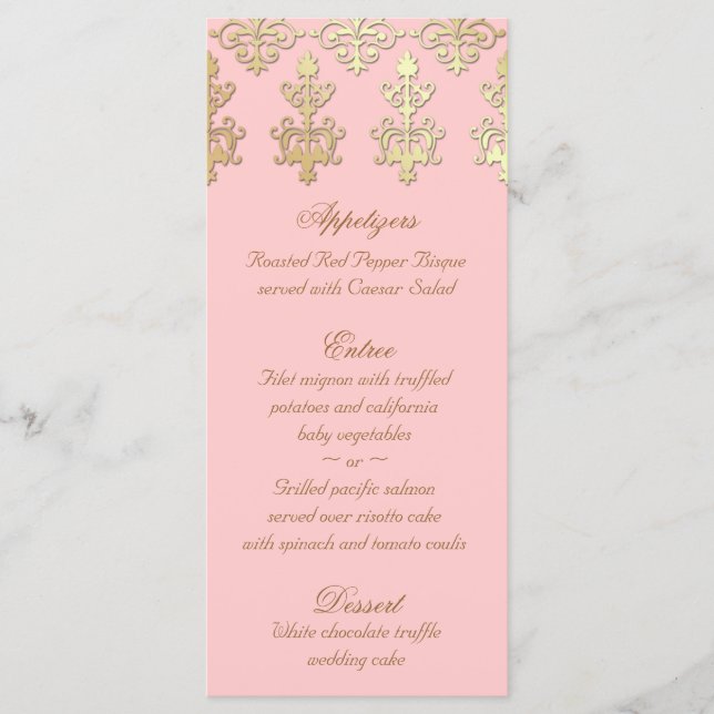 Indische Hochzeitmenükarten Baby Pink Gold Damask Menükarte (Vorderseite)