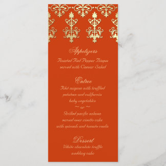 Indische Hochzeitmenükarten Orange Gold Damask Menükarte