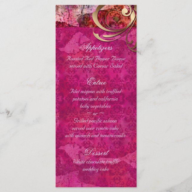 Indische Hochzeitmenükarten Rosa Gold Damask Menükarte (Vorderseite)