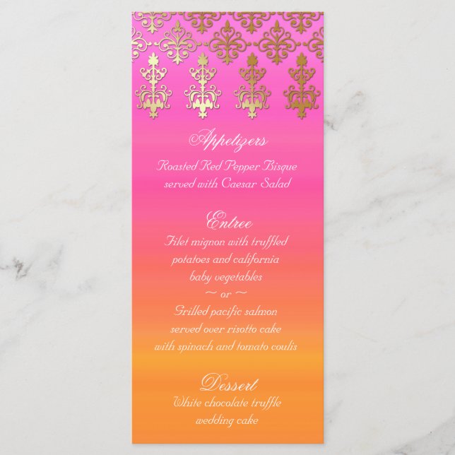 Indische Hochzeitmenükarten Rosa Orange Gold Damas Menükarte (Vorderseite)