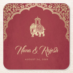 Indische Hochzeitseinladung, Rot, Gold, Ganesha Rechteckiger Pappuntersetzer