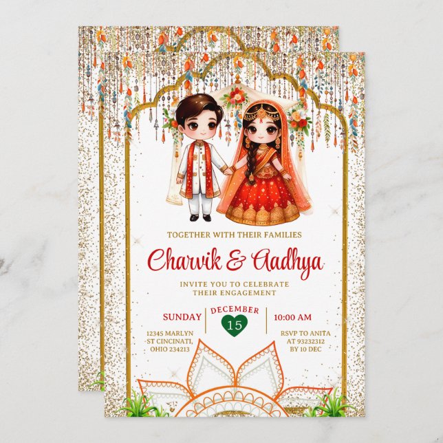 Indische Hochzeitsfeier Roka Hindu Bollywood Indie Einladung (Vorne/Hinten)