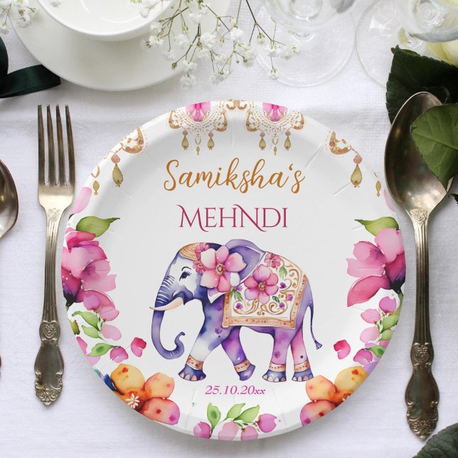 Indische Hochzeitsgeschirr für verzierte Elefanten Pappteller (Mehndi Indian wedding decorated elephant tableware personalized plates pink flowers elephant mehndi)