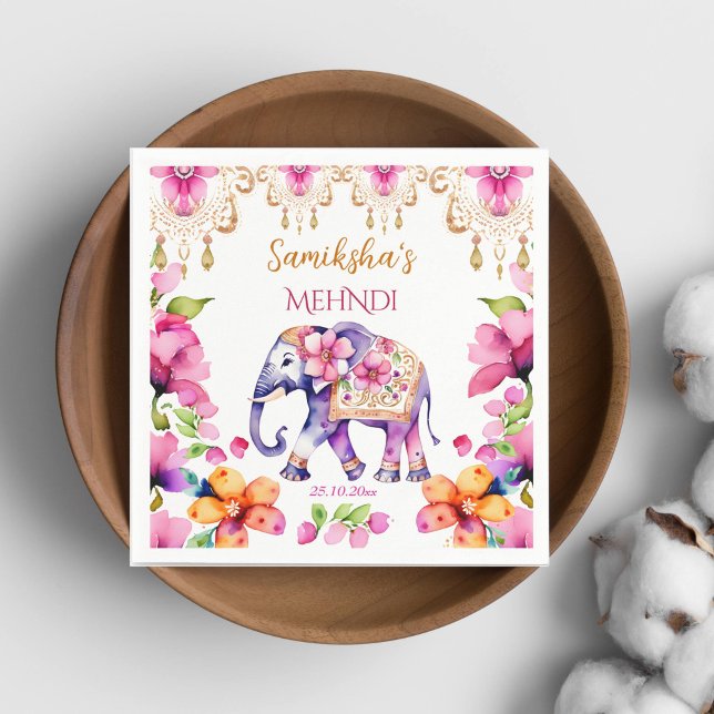 Indische Hochzeitsgeschirr für verzierte Elefanten Serviette (Mehndi tableware Indian wedding decorated elephant personalized plates pink flowers mehndi plates)