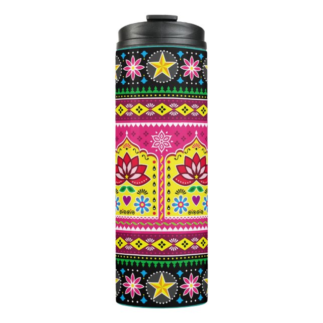 Indische LKW-Kunst, nahtlos folkloristisches Kunst Thermosbecher (Vorderseite)