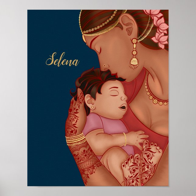 Indische Mutter, die ihr Baby mit Henna trägt Poster (Vorne)
