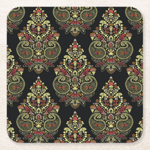 Indische Paisley, geometrischer schwarzer Hintergr Rechteckiger Pappuntersetzer