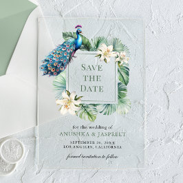 Indische Pfauenfloralhochzeit rettet das Datum Acryleinladungen