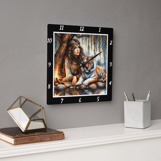 Indische Visionen: Das Flüstern des Tiger-Aura-Flu Quadratische Wanduhr (Büro)