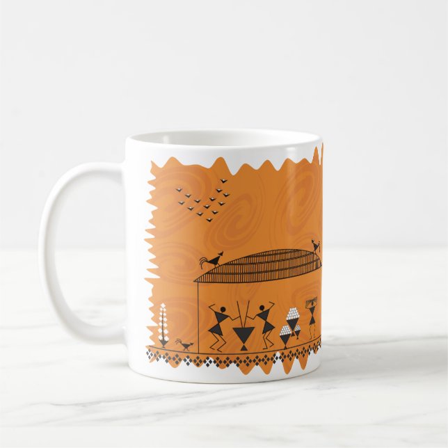 Indische Volkskunst Warli (orange) Kaffeetasse (Links)