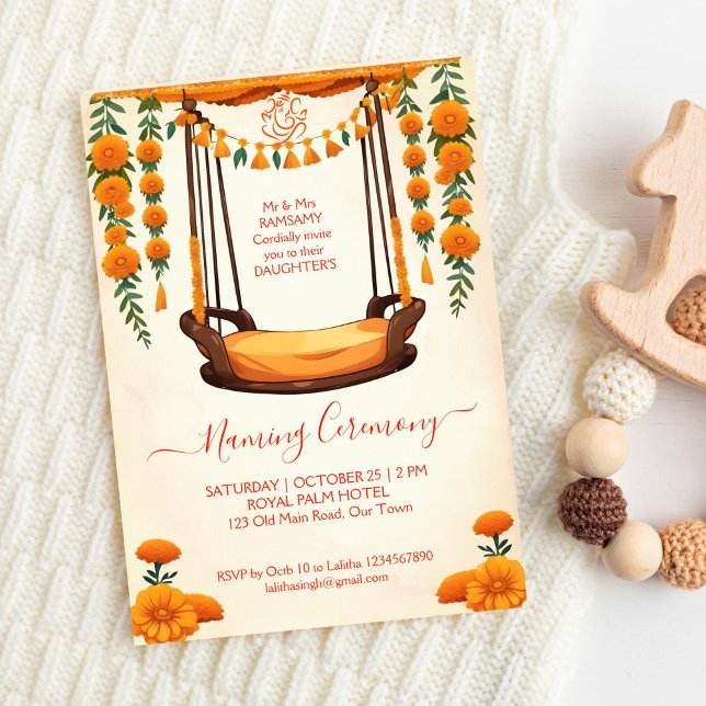 Indische Zeremonie für Babynahrung Einladung (Baby Naming Cradle Indian Ceremony template invitation digital download marigold decor baby Namkaran)