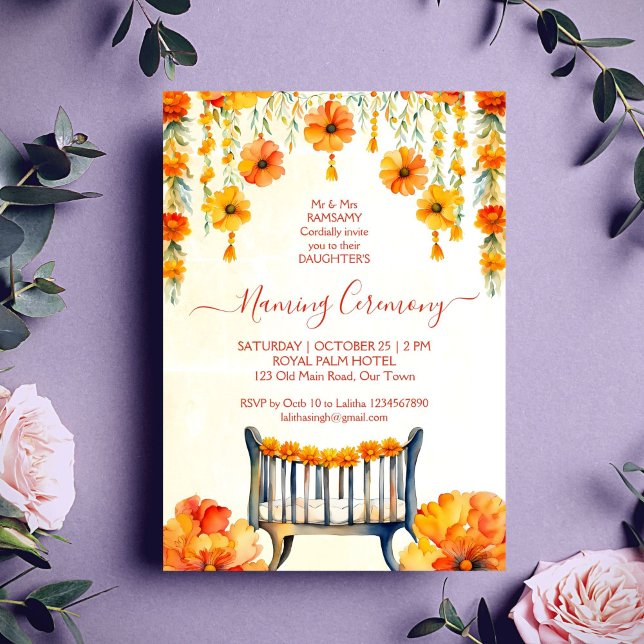 Indische Zeremonie für Babynahrung Einladung (Baby Naming Cradle Indian Ceremony template invitation digital download orange yellow marigolds)