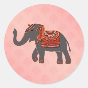 Indischer Elefant Damask rosa Muster Runder Aufkleber
