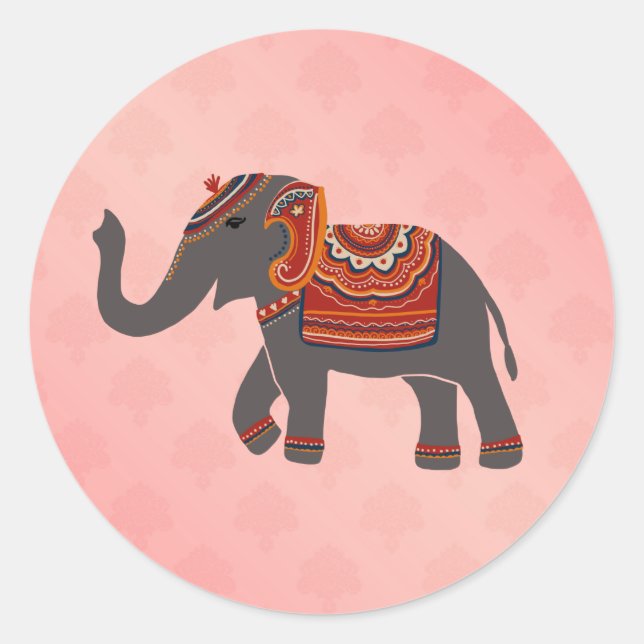 Indischer Elefant Damask rosa Muster Runder Aufkleber (Vorderseite)
