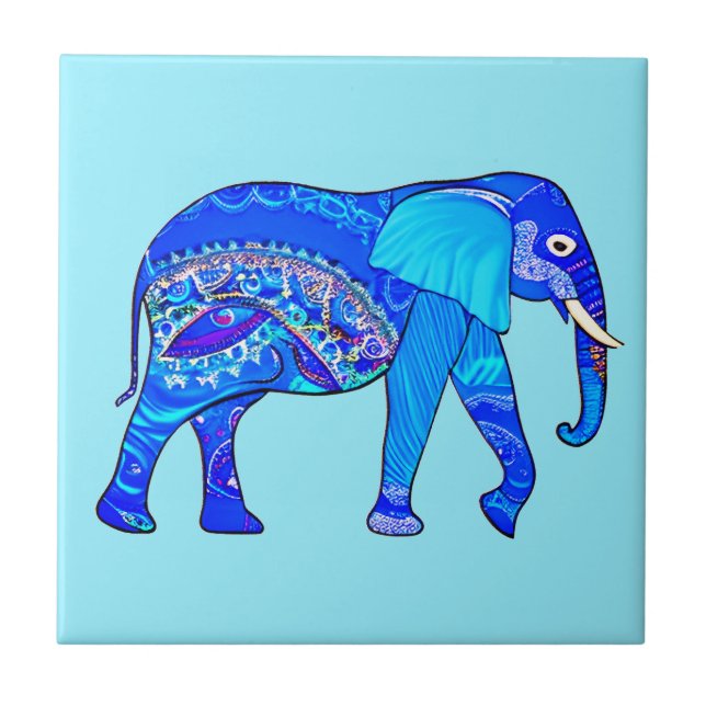 Indischer Elefant in einem blau-arabischen Muster Fliese (Vorderseite)