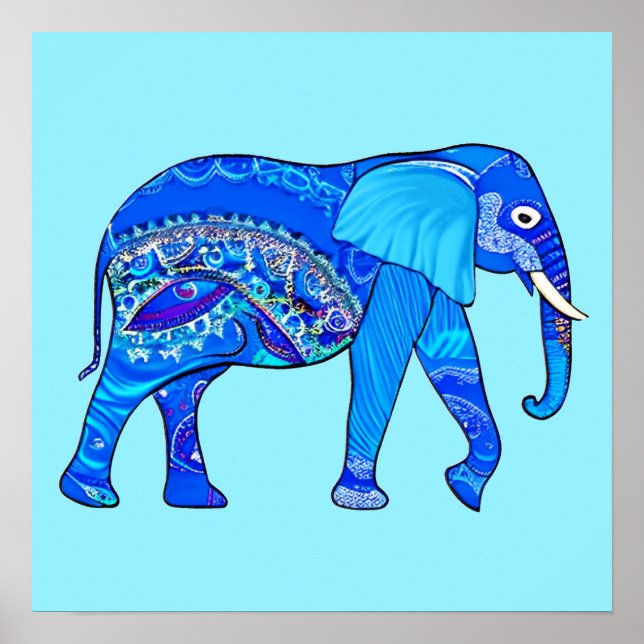 Indischer Elefant in einem blau-arabischen Muster Poster (Vorne)