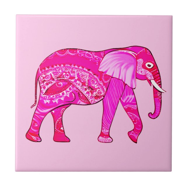Indischer Elefant in einem Fuchsia Pink Arabesque  Fliese (Vorderseite)