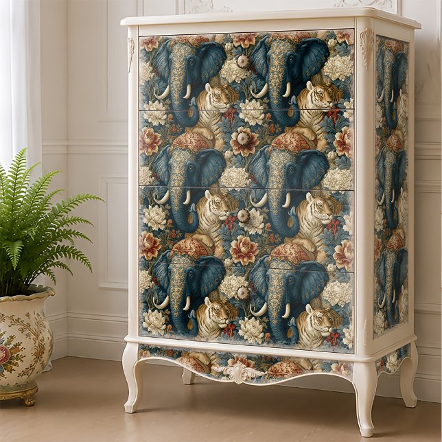 Indischer Elefant Tiger Botanischer Dschungel Deco Seidenpapier (Von Creator hochgeladen)