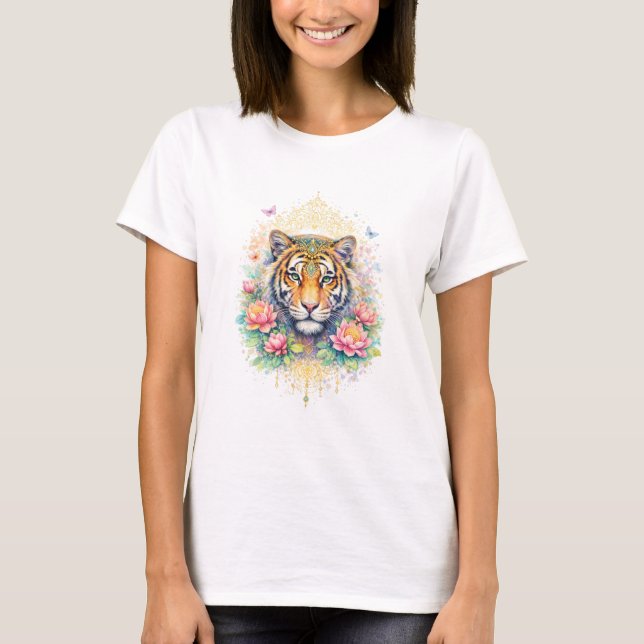 Indischer Frühling - Tiger mit Lotus & Gold T-Shirt (Vorderseite)