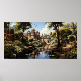 Indischer Garten-Ölmalerei des 19. Jahrhunderts Poster