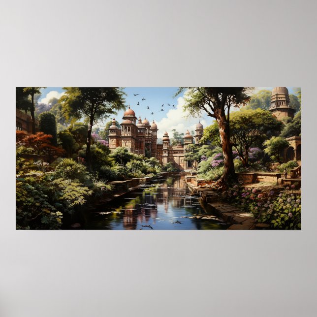 Indischer Garten-Ölmalerei des 19. Jahrhunderts Poster (Vorne)