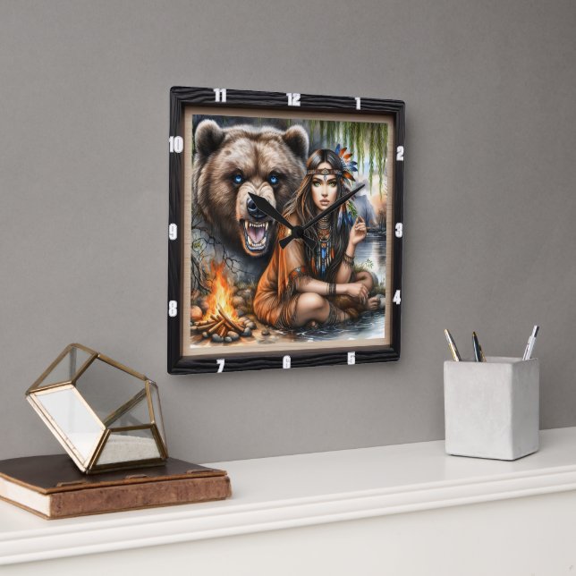 Indischer Girl Bear Willow Tree Quadratische Wanduhr (Büro)