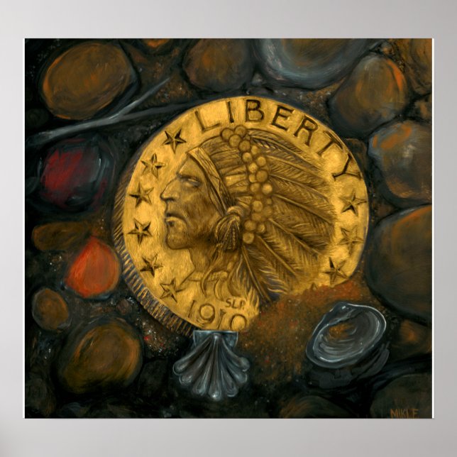 Indischer Head Gold $5 Halbes Eagle Öl auf Gesso Poster (Vorne)