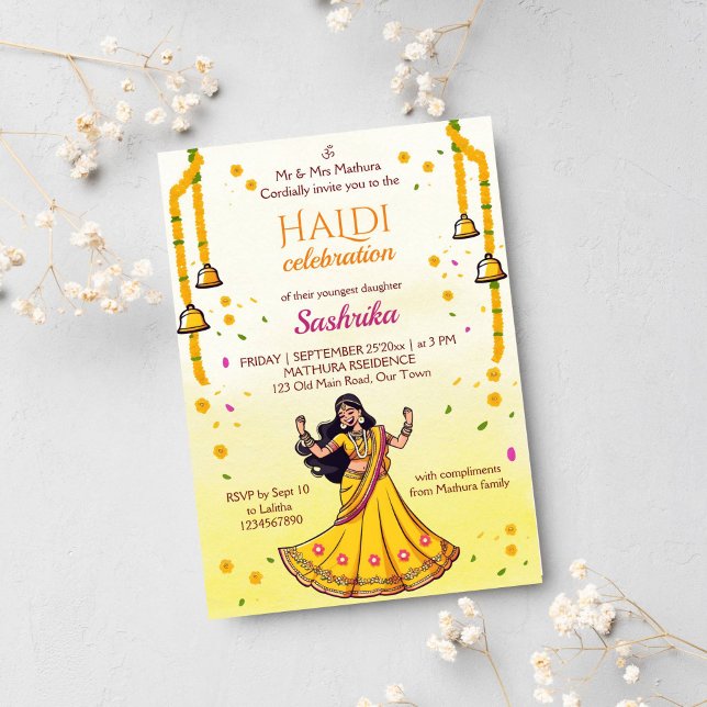 Indischer Hochzeit Haldi pithi Braut Cartoon Einladung (Haldi Indian wedding template invitation digital download dancing Indian bride cartoon marigolds)